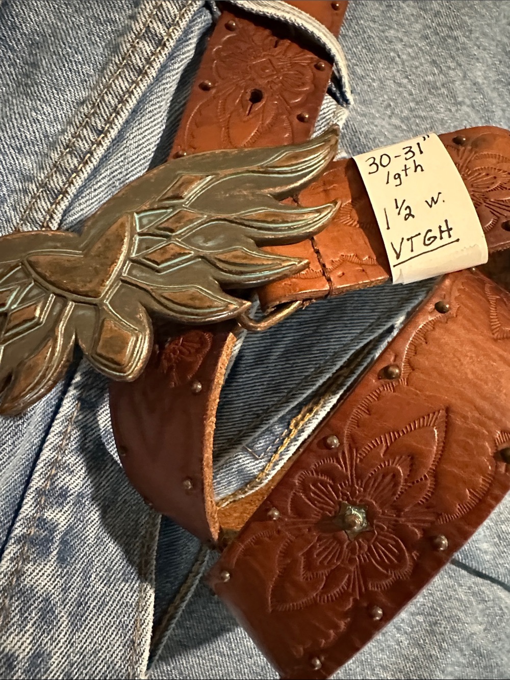 Tooled Brown Leather vintage Belt with Ornate Metal Buckle